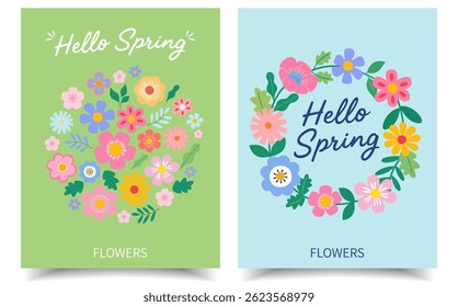 Hello spring hand drawn floral greeting card template, editable vector illustration for spring event, mother's day, cover, invitation, website, social media