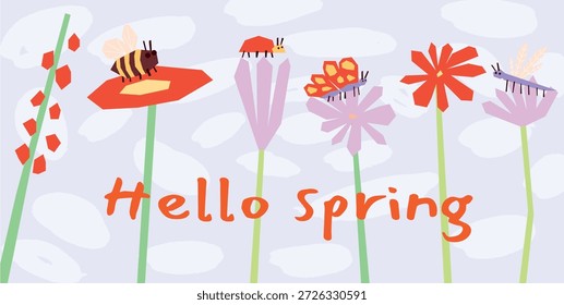 Hello Spring mão desenhado Floral Ilustração, Insetos bonitos em flores, Abelha, Joaninha, Borboleta, Libélula, Lagarta entre plantas florescentes, Ilustração de vetor plano colorido sobre luz Fundo