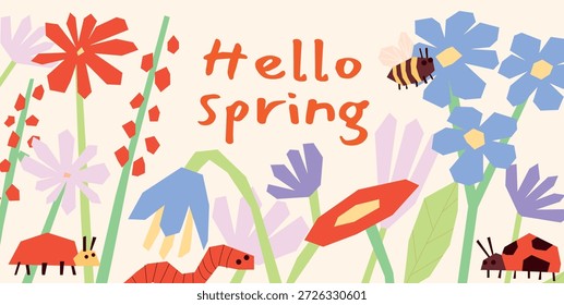 Hello Spring mão desenhado Floral Ilustração, Insetos bonitos em flores, Abelha, Joaninha, Borboleta, Libélula, Lagarta entre plantas florescentes, Vetor plano colorido Ilustração sobre luz Fundo