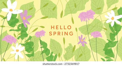 Hola primavera dibujado a mano ilustración floral con flores y hojas florecientes, tarjeta femenina suave y conjunto de póster, estilo moderno de Antiguas, Ilustración vectorial plana sobre fondo claro