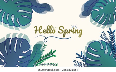 Hello Spring hand drawn illustration. Season lettering for greeting card, poster, banner, invitation, brochure, voucher discount. Spring background with colorful flower and leaf. Spring time.