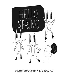 Hello spring hand drawn illustration with lettering phrase, rabbits and trees set. Black and white vector elements for design. Isolated on white background