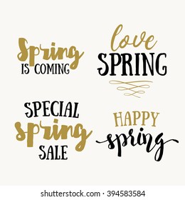 Hello Spring hand drawn inspiration quote. Vector gold typography text design element. Brush lettering quote and spring time typographic poster. Housewarming hand lettering 