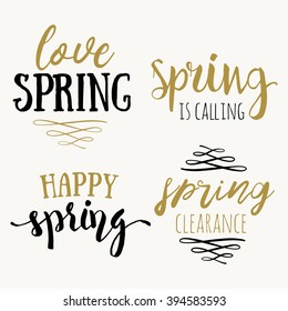 Hello Spring hand drawn inspiration quote. Vector gold typography text design element. Brush lettering quote and spring time typographic poster. Housewarming hand lettering 