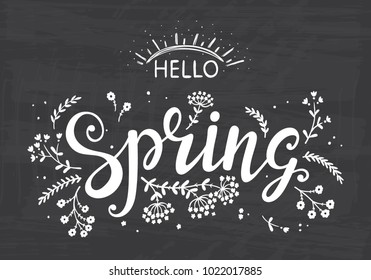 Hello Spring. Hand drawn lettering poster with flowers and sun. Invitation or greeting card with Wildflowers