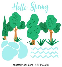 Hello Spring. Hand drawn lettering with spring trees, creek and pond in the park zone. Flat season illustration. Vector beautiful landscape. 