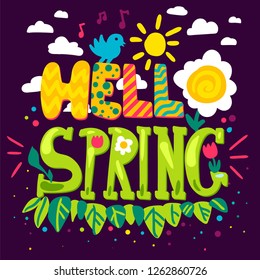 Hello spring hand drawn lettering. Flat design quote. Greeting card, poster, banner illustration