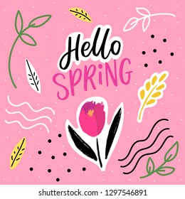 Hello spring hand drawn  lettering with flowers collage and leaves elements for decor, print, design.