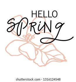 Hello Spring hand drawn lettering. Modern brush calligraphy with pink flower vector. Phrase for card or poster. Vector (EPS10) quote great for photo overlay. Ink illustration. Original hand lettering.