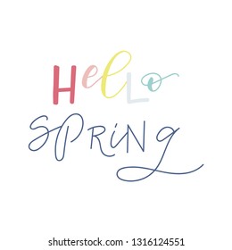Hello Spring hand drawn lettering. Modern brush calligraphy. Phrase for card or poster. Vector (EPS10) quote great for photo overlay. Colored illustration. Original hand lettering.
