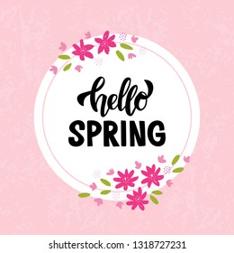 Hello Spring hand drawn lettering. Spring season advertising concept. Template for card, banner, web, poster. Vector illustration on pink textured background
