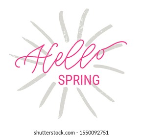 Hello Spring hand drawn lettering. Modern brush calligraphy. Ink illustration. Original hand lettering. Phrase for card or poster. Quote great for photo overlay. 