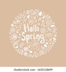 Hello Spring hand drawn lettering with flowers & insect doodle elements. Monochrome floral round design concept. Vector isolated illustration for greeting card, poster, banner.