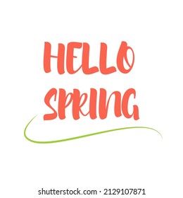 Hello spring in hand drawn lettering.  Cute design for greeting card cover. Vector illustration in flat style.
