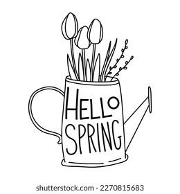 Hello spring - hand drawn lettering. Naive Art. Naive Vector illustration of watering can with Flowers inside. Spring illustration for your printed products.