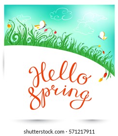 Hello Spring hand drawn lettering with flourish and leaves. Seasonal background with spring landscape with meadow and flowers, grass and butterfly. Vector illustration for cards and posters