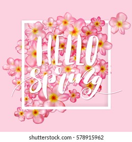 Hello spring hand drawn lettering design, pink cherry blossom flowers
