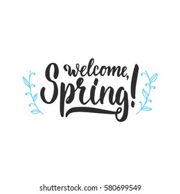 Hello, spring - hand drawn lettering phrase isolated on the white background. Fun brush ink inscription for photo overlays, greeting card or t-shirt print, poster design