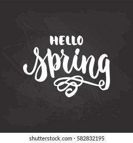 Hello, spring - hand drawn lettering phrase isolated on the black chalkboard background. Fun brush ink inscription for photo overlays, greeting card or t-shirt print, poster design