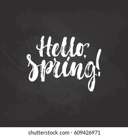 Hello, Spring - hand drawn lettering phrase isolated on the black chalkboard background. Fun brush ink inscription for photo overlays, greeting card or t-shirt print, poster design