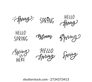 Hello Spring hand drawn phrases set. Spring season advertising concept. Vector illustration isolated on white background. Black lettering for card, banner, web, poster. Springtime template