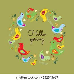 Hello Spring. Hand drawn poster with  round bird frame.