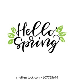 Hello spring. Hand drawn poster with hand lettering.