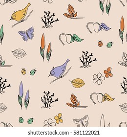 Hello Spring hand drawn seamless pattern. Vector seasonal background.