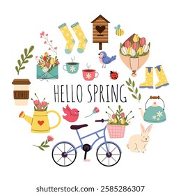 Hello Spring in hand drawn style. Cute springtime doodle banner design in round frame. Spring elements in flat style.
