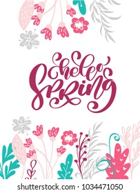 Hello Spring Hand drawn text and design for greeting card. Trendy hand lettering quote, fashion graphics, scandinavian art print for posters and greeting cards design. Calligraphic isolated quote