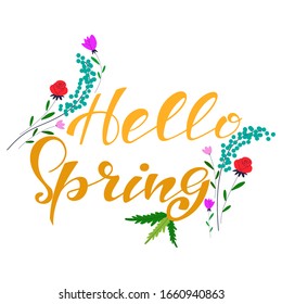 Hello Spring hand drawn text with flowers vector cartoon illustration isolated on a white background.