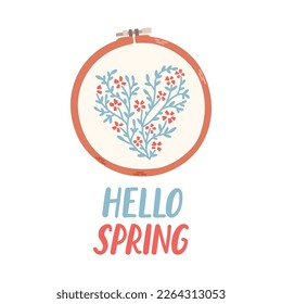 Bonjour Illustration vectorielle dessinée à la main Printanier. Laisser la saison printanière avec des feuilles de broderie pour carte de voeux.