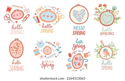 Hello Spring hand drawn vector set. Lettering spring season with embroidery leaves flowers for greeting card.