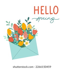 Hello Spring hand drawn vector illustration. Season lettering with envelope of flowers for greeting card, poster.