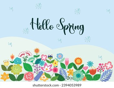 Hello Spring hand drawn vector illustration. Season lettering for greeting card, poster, banner, invitation, brochure, voucher discount. Spring background with flower and leaf. Spring time.