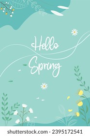 Hello Spring hand drawn vector illustration. Season lettering for greeting card, poster, banner, invitation, brochure, voucher discount. Spring background with flower and leaf. Spring time.