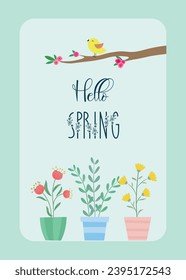 Hello Spring hand drawn vector illustration. Season lettering for greeting card, poster, banner, invitation, brochure, voucher discount. Spring background with flower and leaf. Spring time.