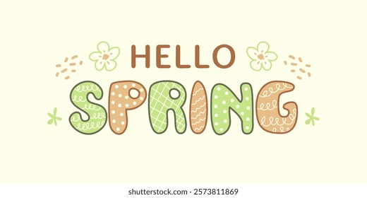 hello spring hand drawn vector banner with colorful decorative letters, floral patterns, and pastel background, perfect for seasonal greetings and marketing designs