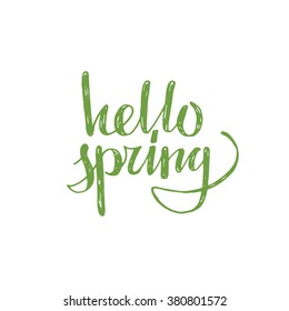 Hello spring! Hand drawn vector illustration on blue blob. Lettering. Modern calligraphy. T-skirt, poster, banner, motivation.