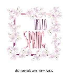 Hello Spring. Hand drawn vector frame with text and sakura flowers for greeting card design.