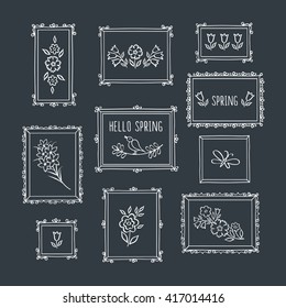Hello spring. Hand drawn vintage frames and flowers with chalk on the blackboard. Doodles, sketch for your design. Vector illustration.