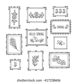 Hello spring. Hand drawn vintage frames and flowers. Black and white. Doodles, sketch for your design. Vector illustration.