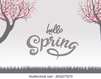 Hello Spring hand Lettering with blooming tree.