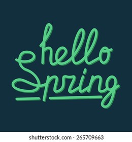 Hello Spring hand lettering brush pen style. Unique original typographic design. Calligraphic handwritten word. Vector drawing lettered illustration. Web design background. T-shirt print. Poster