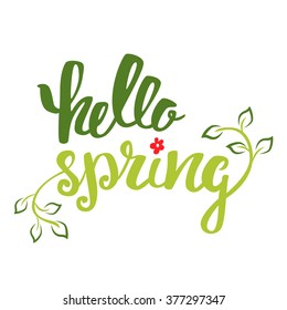 Hello Spring. Hand lettering, calligraphy inscription with spring leaves.