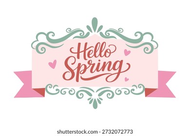 Hola letras de la mano de la primavera con marco decorativo en estilo dibujado a mano juguetón. Suave pastel ilustración estacional