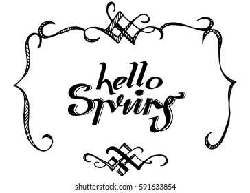 Hello Spring hand lettering design. Spring logos and emblems for invitation, greeting card, t-shirt, prints and posters. Hand drawn winter inspiration phrase. Vector illustration
