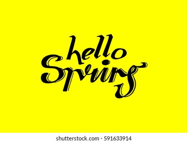 Hello Spring hand lettering design. Spring logos and emblems for invitation, greeting card, t-shirt, prints and posters. Hand drawn winter inspiration phrase. Vector illustration
