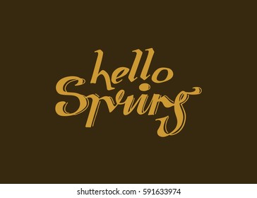 Hello Spring hand lettering design. Spring logos and emblems for invitation, greeting card, t-shirt, prints and posters. Hand drawn winter inspiration phrase. Vector illustration

