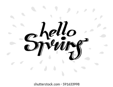 Hello Spring hand lettering design. Spring logos and emblems for invitation, greeting card, t-shirt, prints and posters. Hand drawn winter inspiration phrase. Vector illustration
